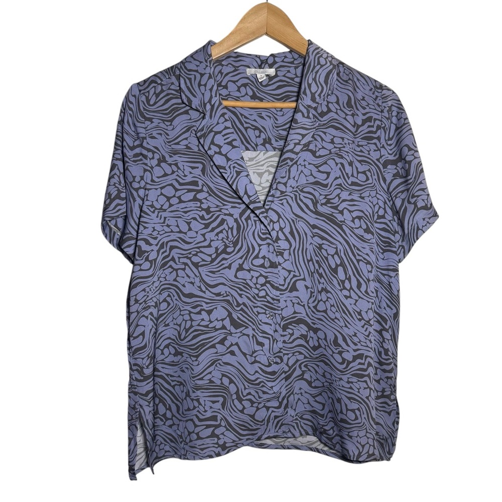 JOHNNY WAS Calme Silk Blend Wavy Print Black Blue Button Down Blouse Women’s S